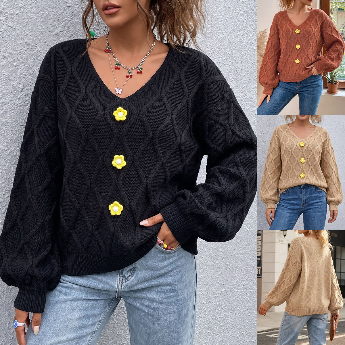 Women's Retro V-Neck Diamond Knit Sweater with Lantern Sleeves