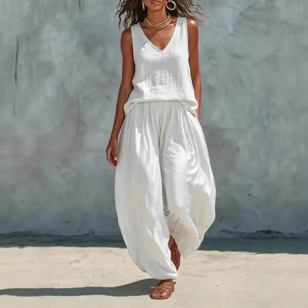 Women's Solid Linen Sleeveless Top and Wide-Leg Pants Set