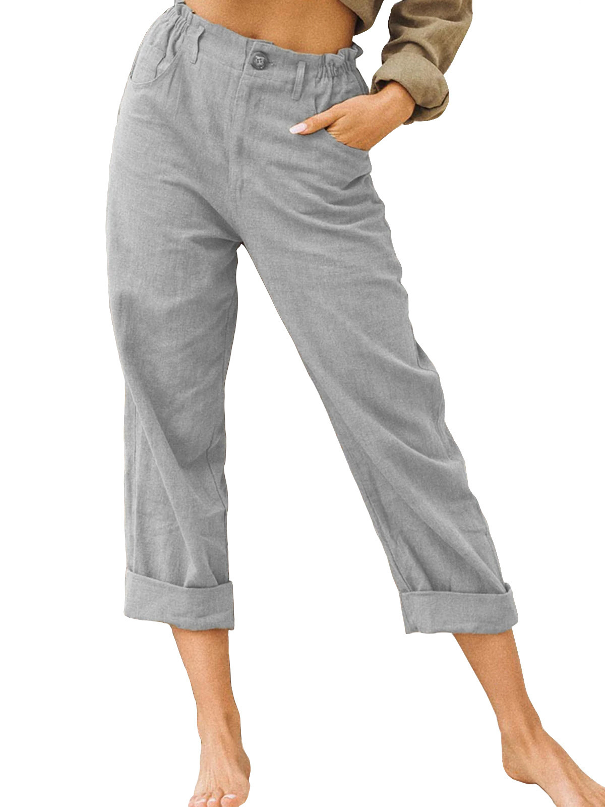 Women's Cotton-Linen High-Waist Straight-Leg Casual Pants