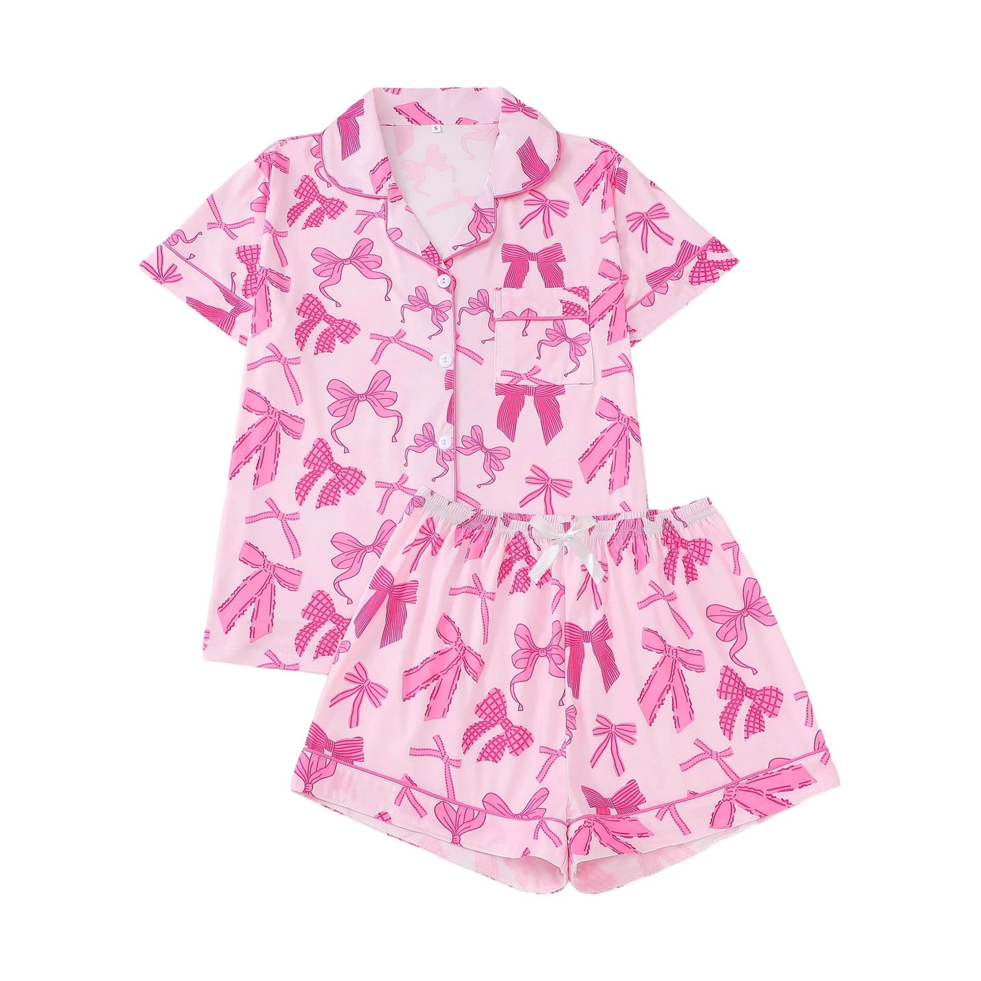 Women's Cuban Collar Short Sleeve Shirt Set with Ribbon Bow