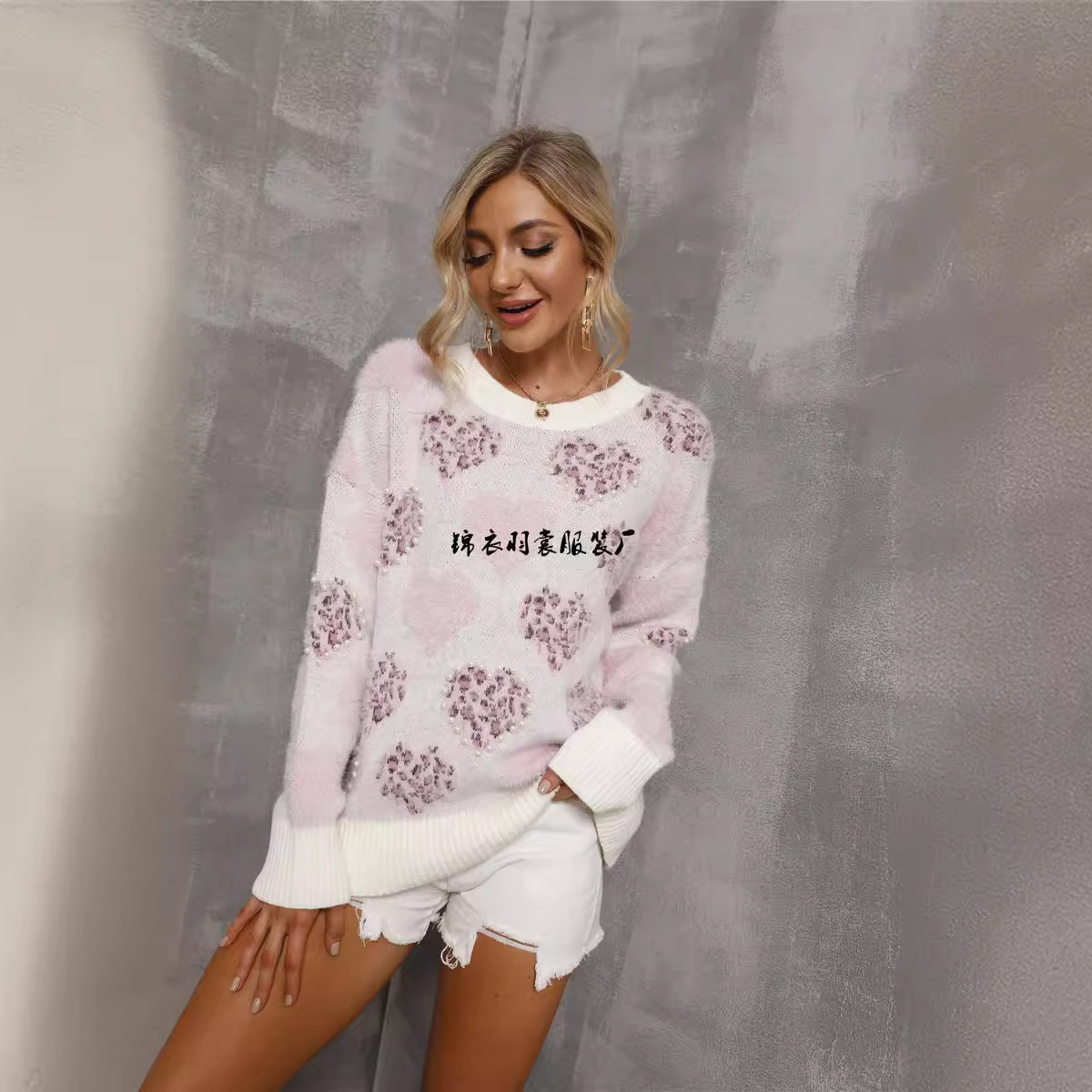Plus Size Beaded Heart Crewneck Pullover Sweater