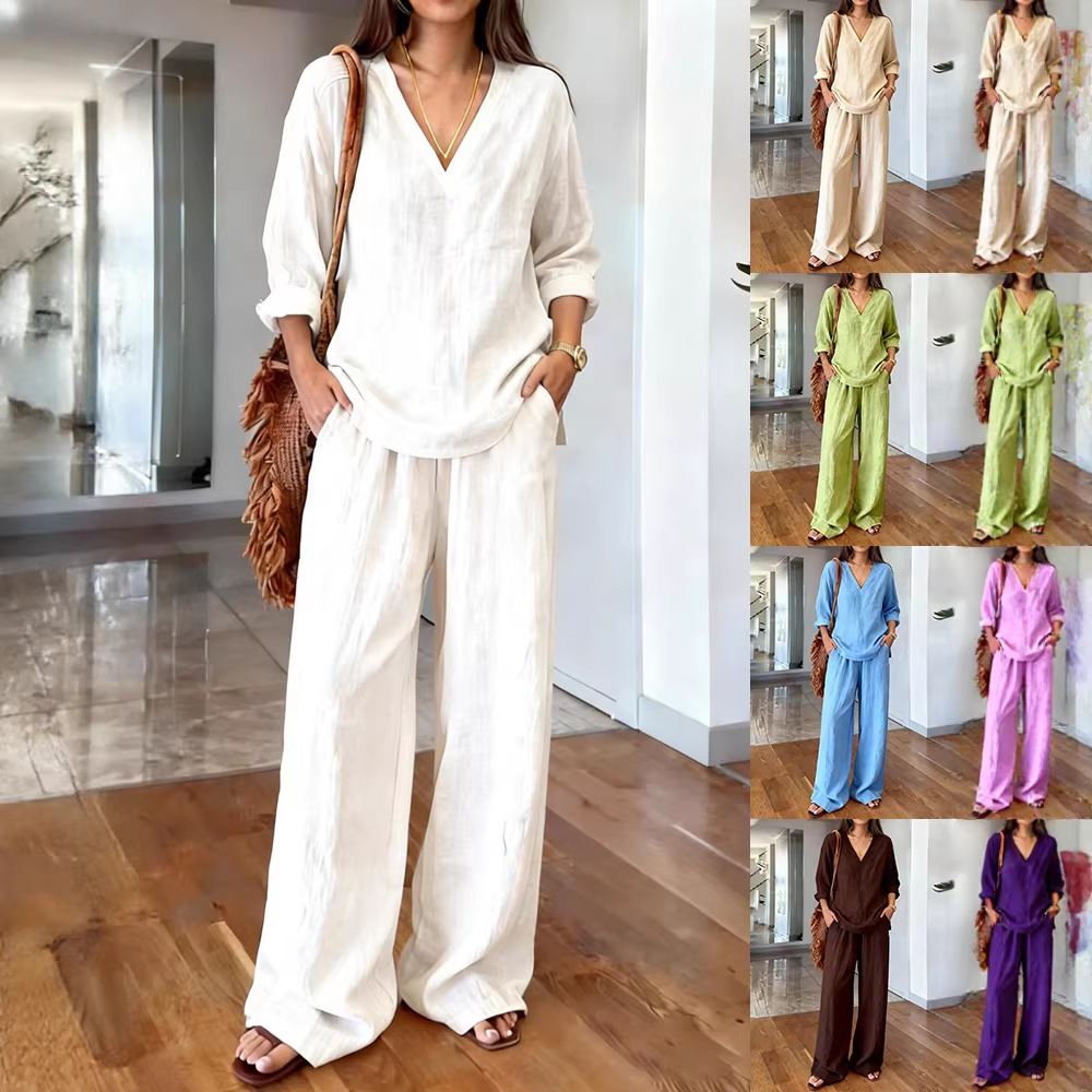 Women's Casual V-Neck Long-Sleeve Top and Pants Set Washed Cotton Multi-Color