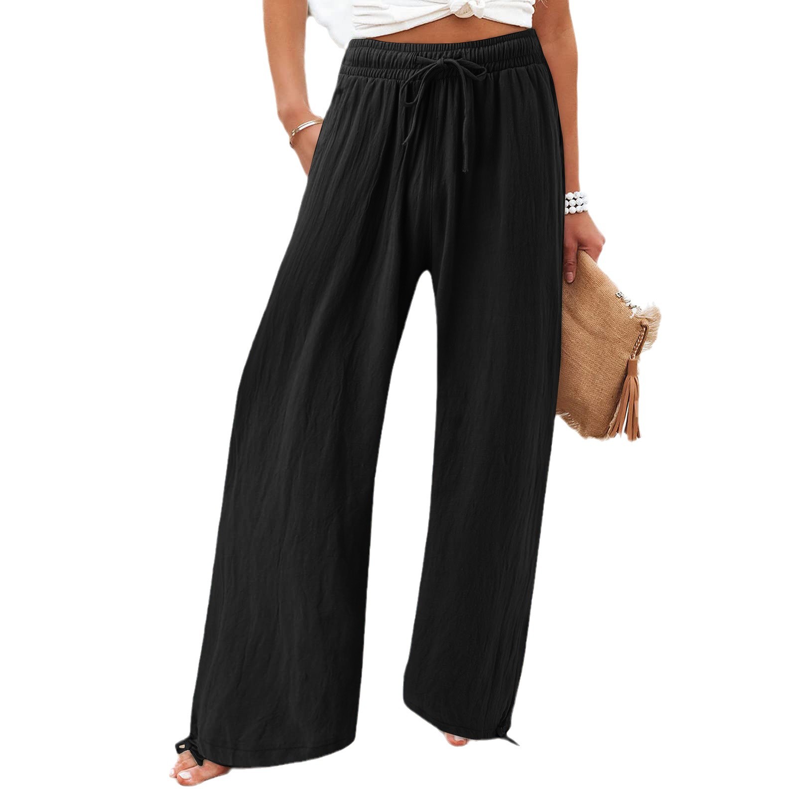 Women's High-Waist Wide-Leg Solid Pants with Elastic Waist