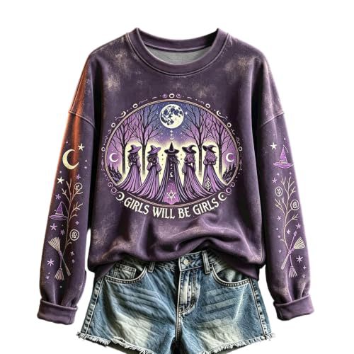 Halloween Witch Castle Print Crewneck Long Sleeve Pullover Sweatshirt