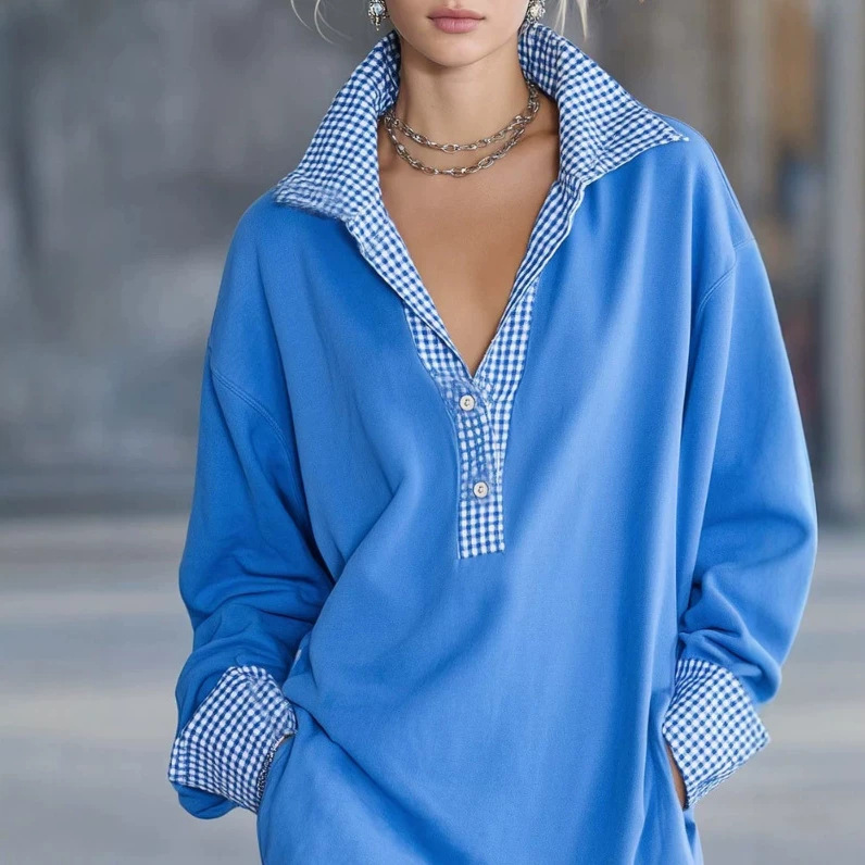 Blue Plaid Lace Hem Loose Shirt Collar Dress