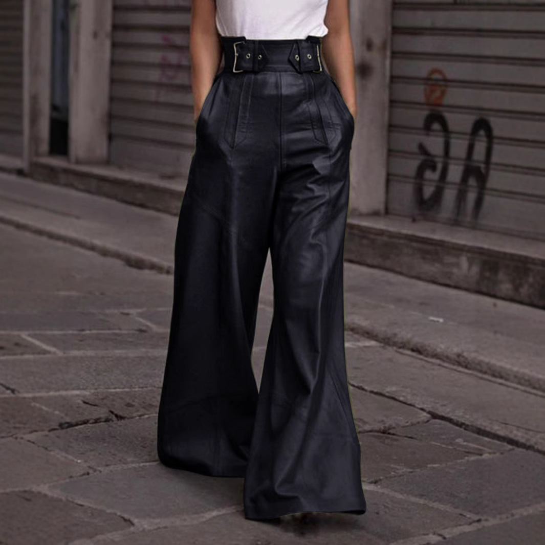 High-Waisted PU Faux Leather Flared Pants for Women with Pockets