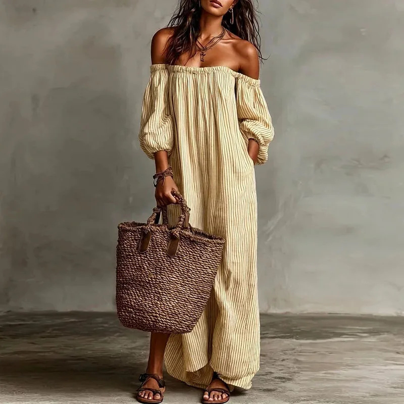 Elegant Striped Long Dress Casual A-Line