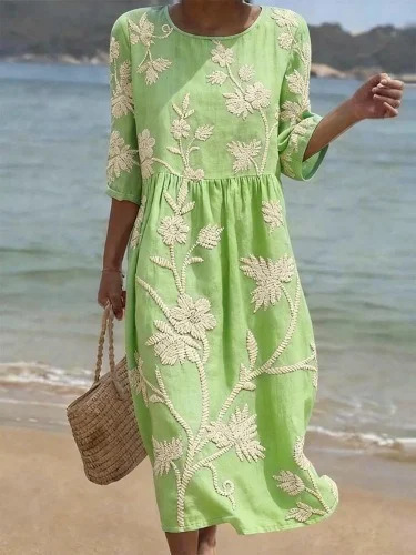 Women's Vintage Floral Print Ruched Midi Dress