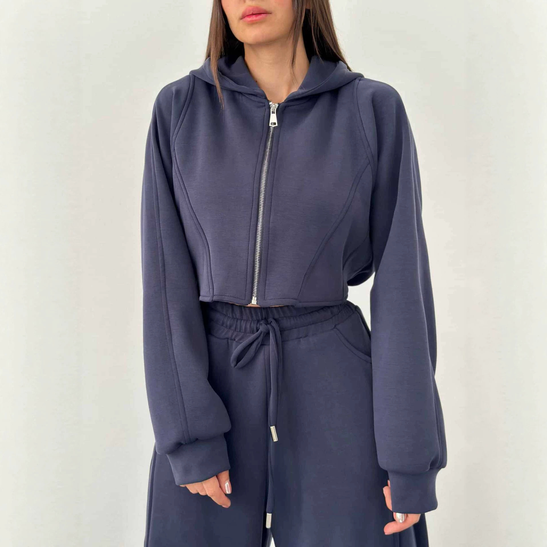 Women's Zip Hooded Track Jacket and Drawstring Pants Two-Piece Set