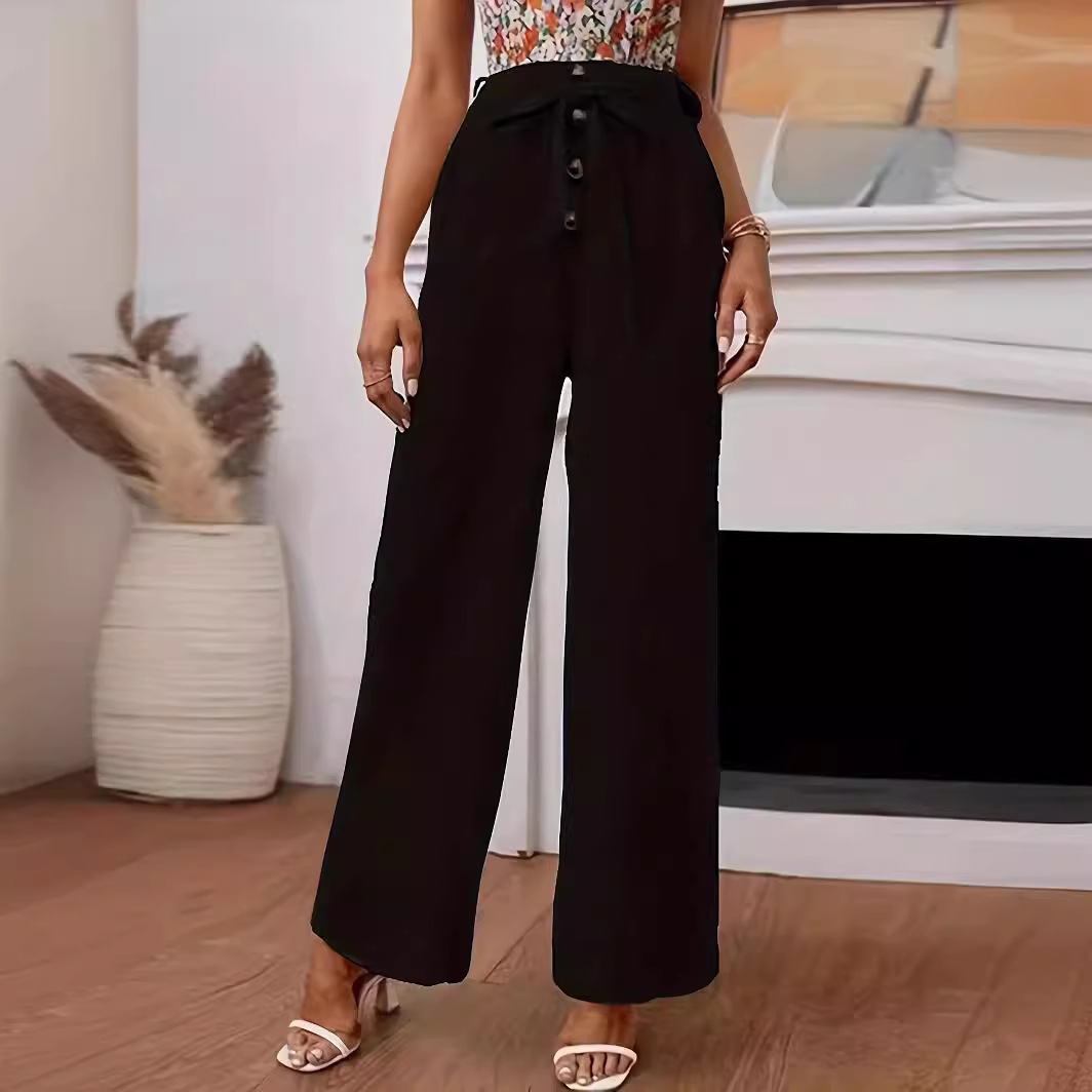 Women's Solid Cotton-Linen Wide-Leg Pants with Elastic Waist