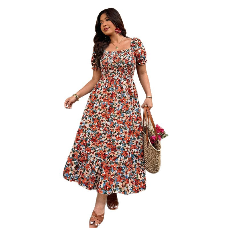 Plus Size Floral Square Neck Puff Sleeve A-Line Midi Dress