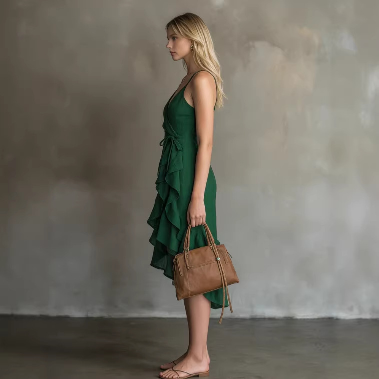 Irregular Ruffle Cami Dress Solid Color Cinched Waist Midi Dress