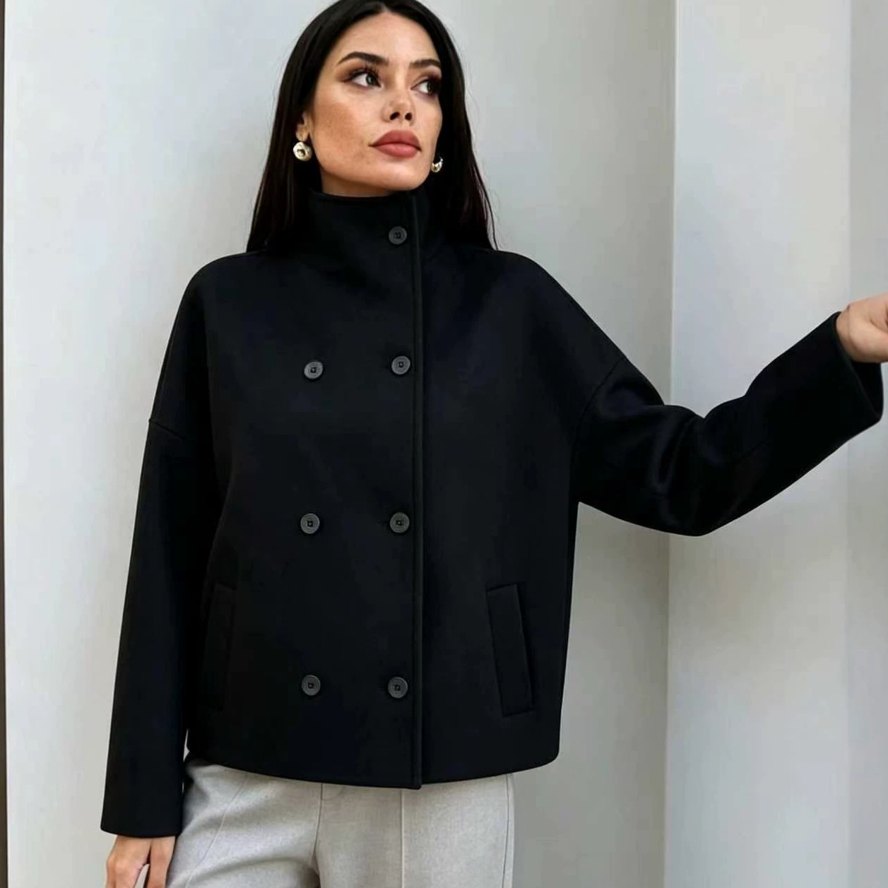 Women's Stand Collar Double-Breasted Blazer Jacket