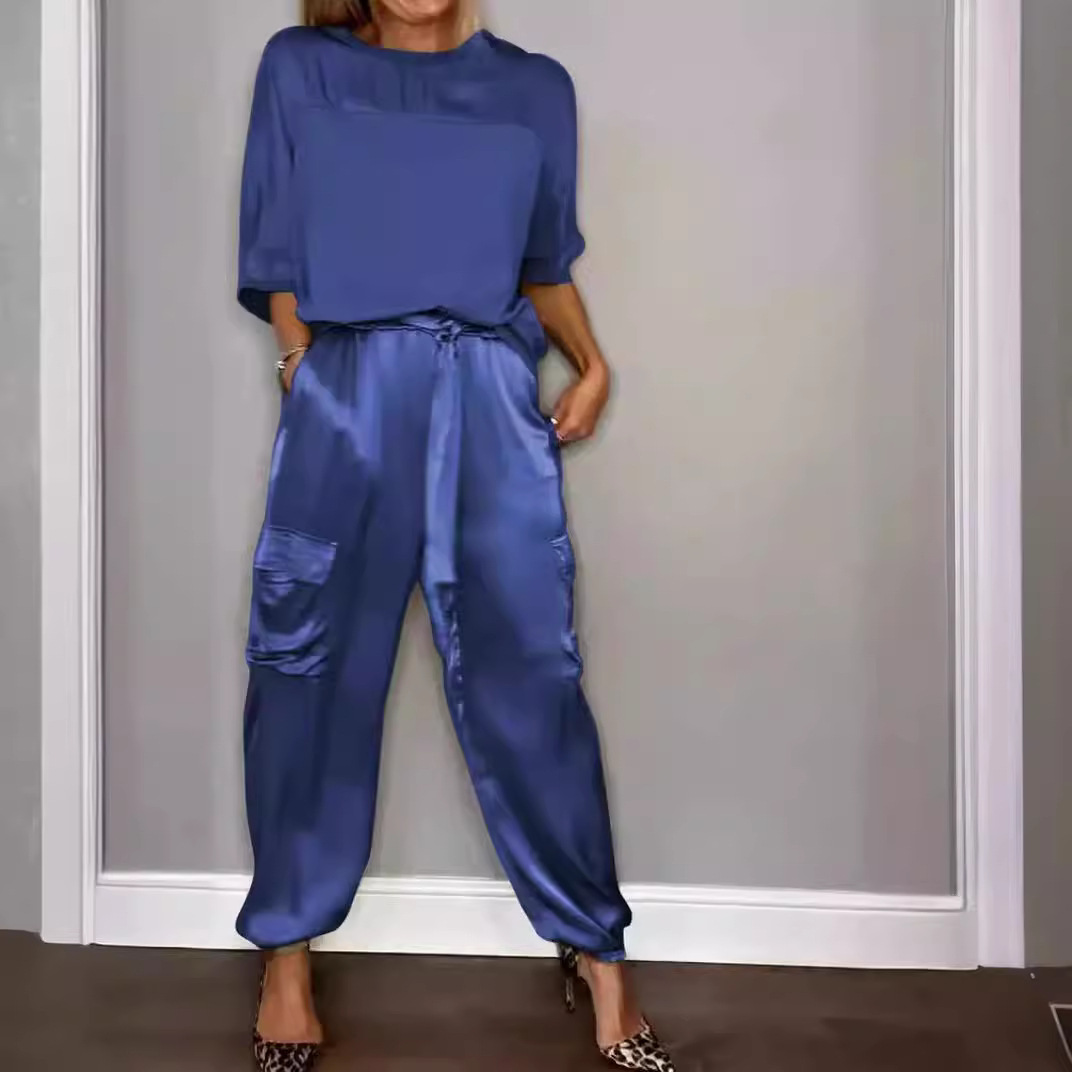 Women's Smooth Satin Half-Sleeve Top and Pants Two-Piece Set