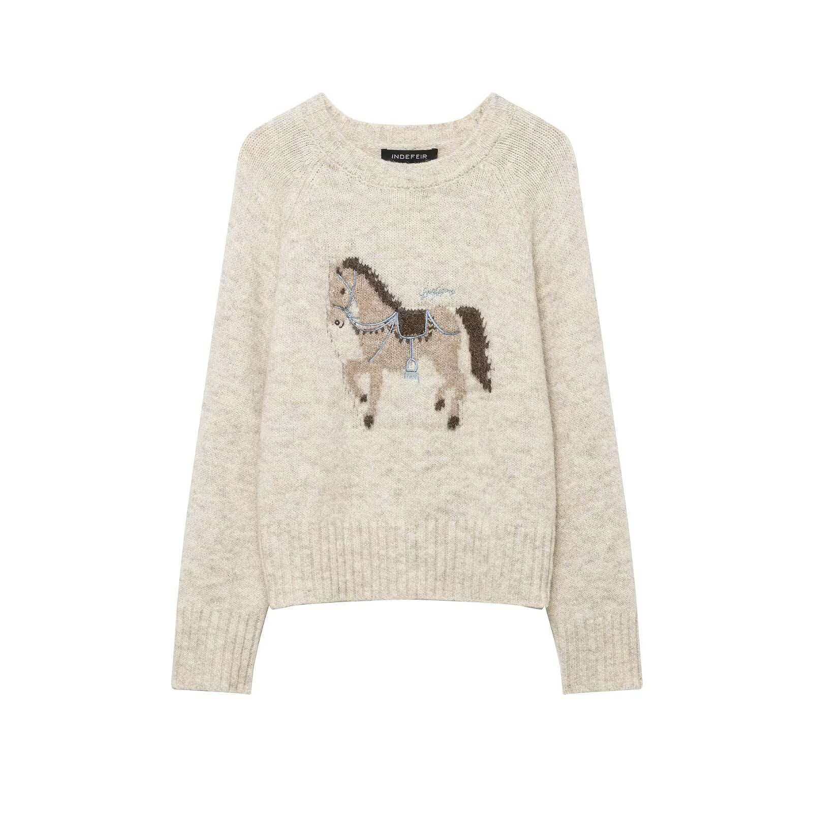 Women's Winter Crewneck Horse Jacquard Embroidered Sweater