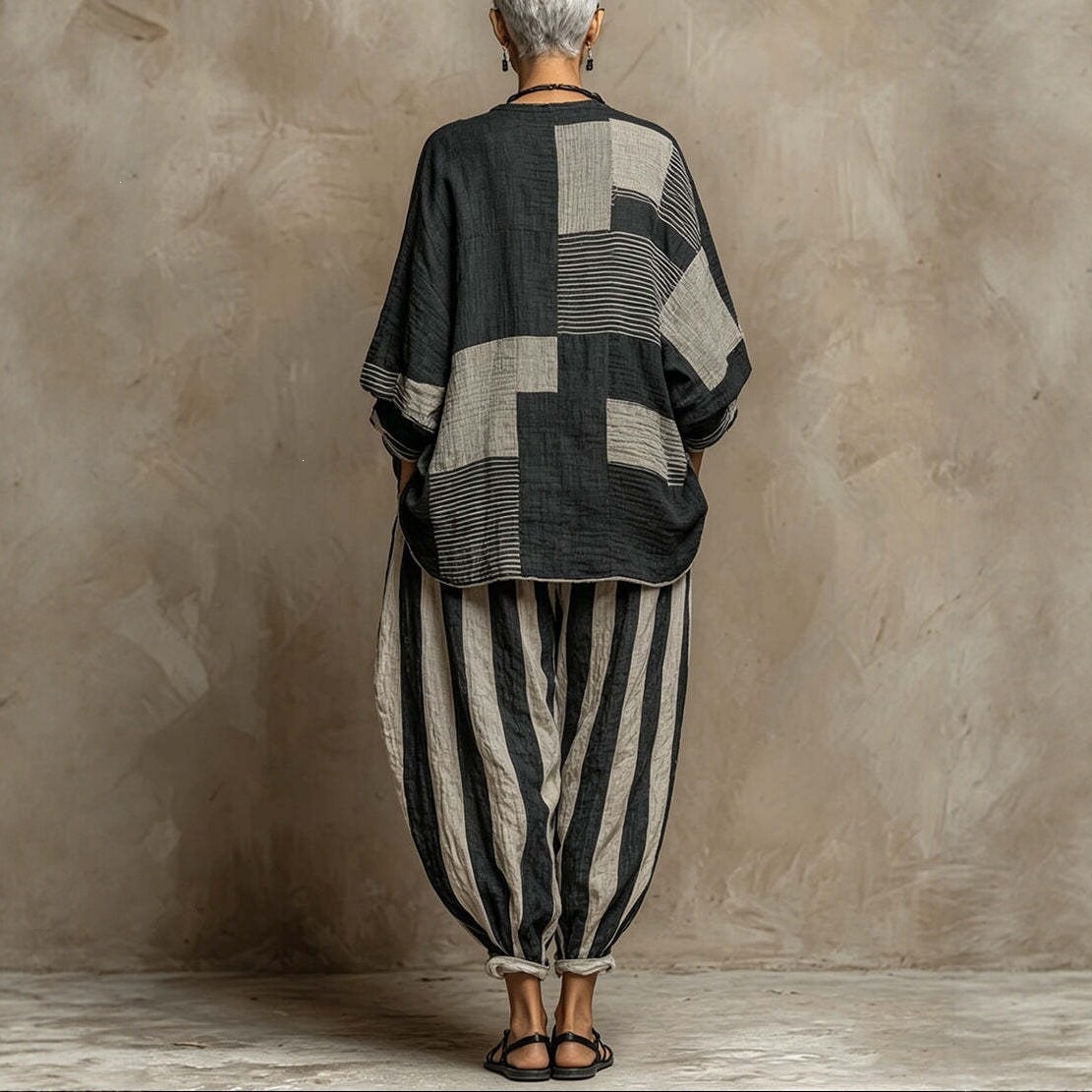 Women's Cotton-Linen Striped Two-Piece Set with Wide-Leg Pants