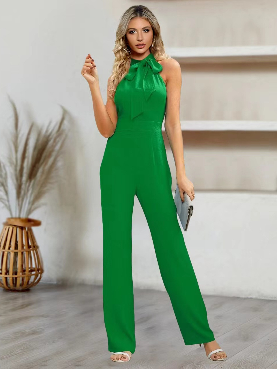 Sexy Slim-Fit Sleeveless Stand-Collar Bow Straight-Leg Jumpsuit
