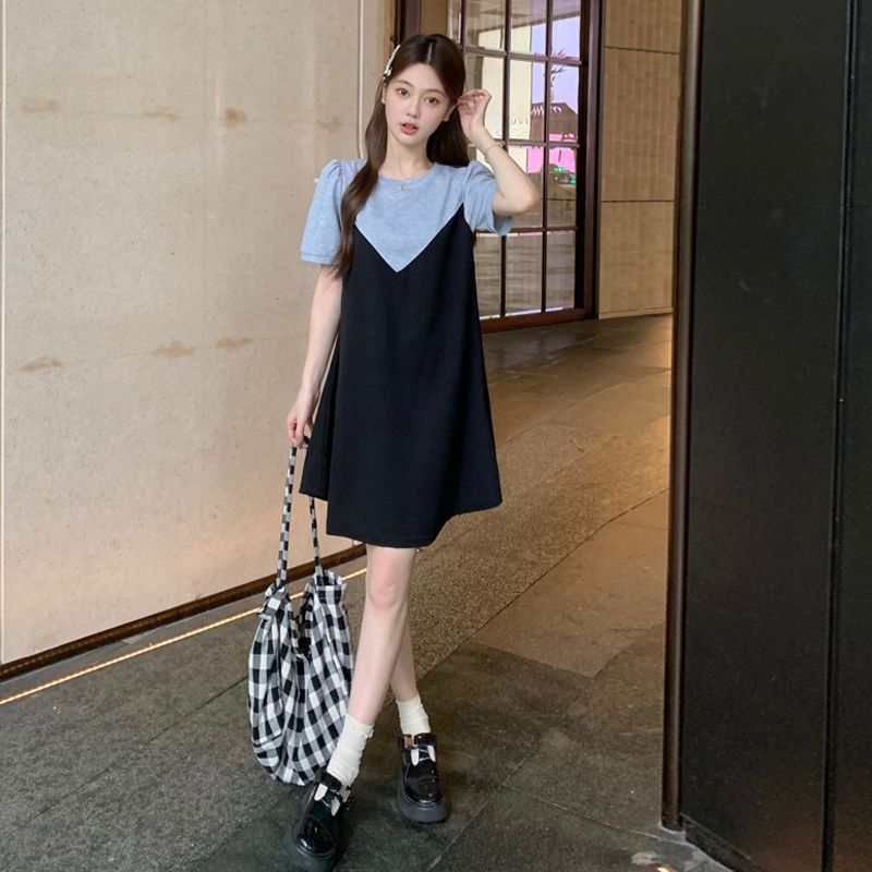 Color-Block Plus Size Short-Sleeve Midi Dress with Faux Two-Piece Design