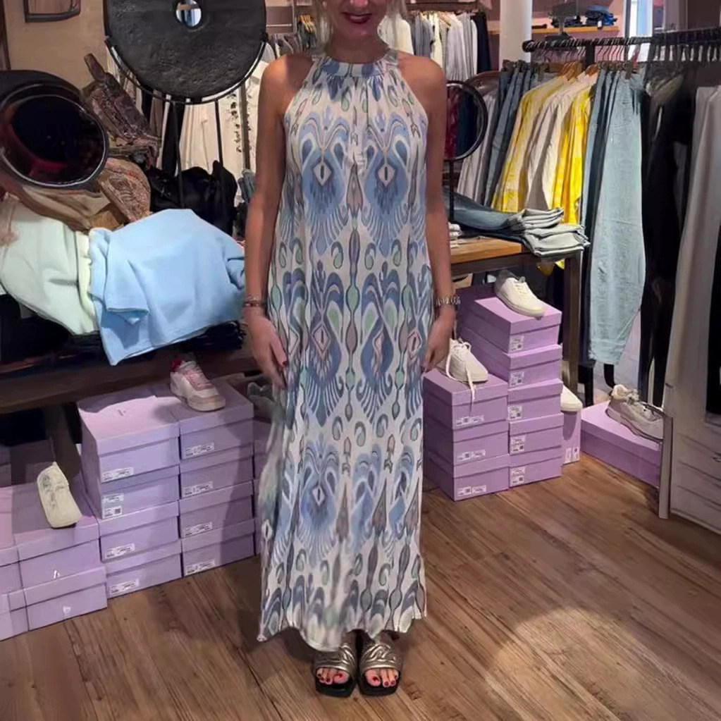 Women's Sleeveless Halter Neck Printed Maxi Dress
