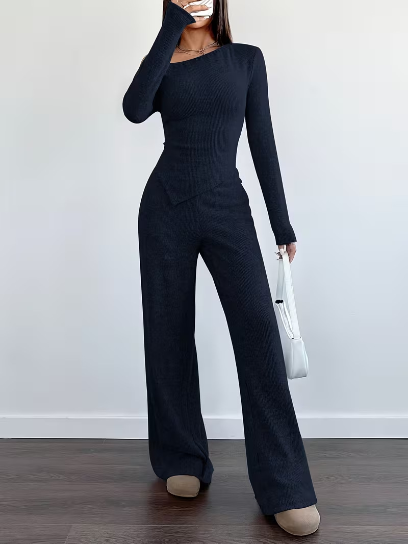 Women's One-Shoulder Knit Two-Piece Set Slim Fit Long Sleeve Top & Wide Leg Pants