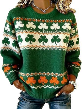 Women's Clover Print Crewneck Sweatshirt Casual Pullover