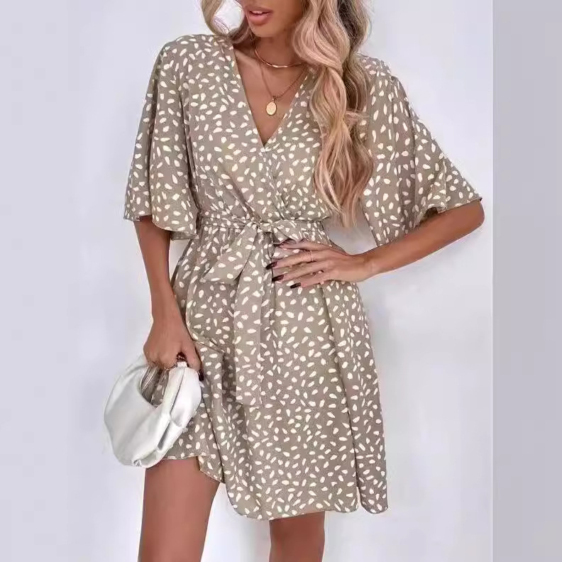 V-Neck Short Sleeve Cinched Waist Dress