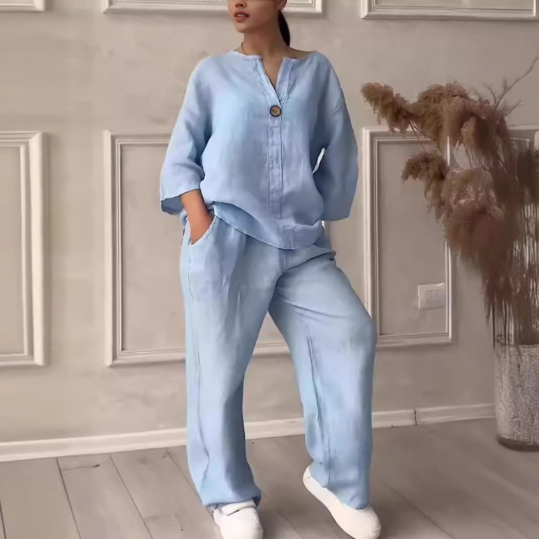 Women's Cotton-Linen Loose Top & Wide-Leg Pants Casual Set