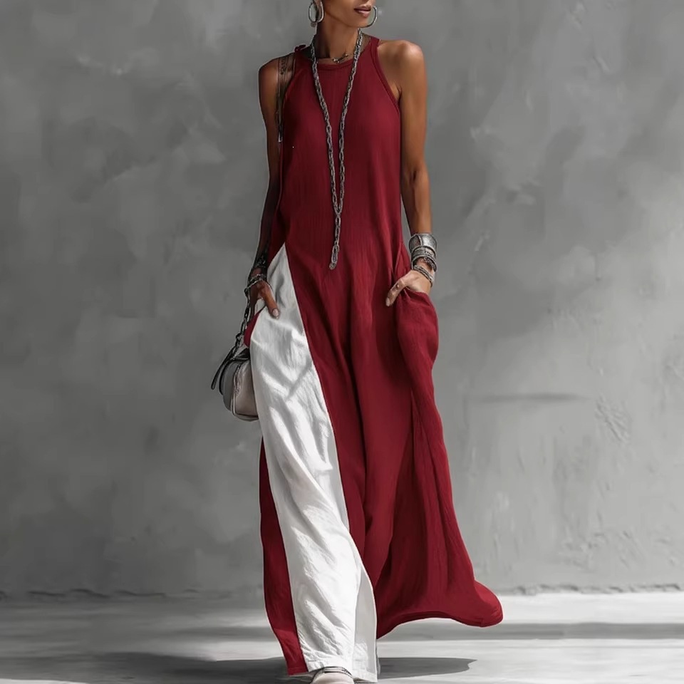 Women's Sleeveless Loose Pocket Colorblock Off-Shoulder Casual Dress