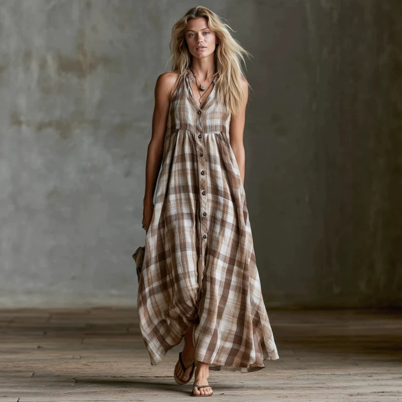 Retro Brown & White Plaid Sleeveless V-Neck High-Waist Long Dress