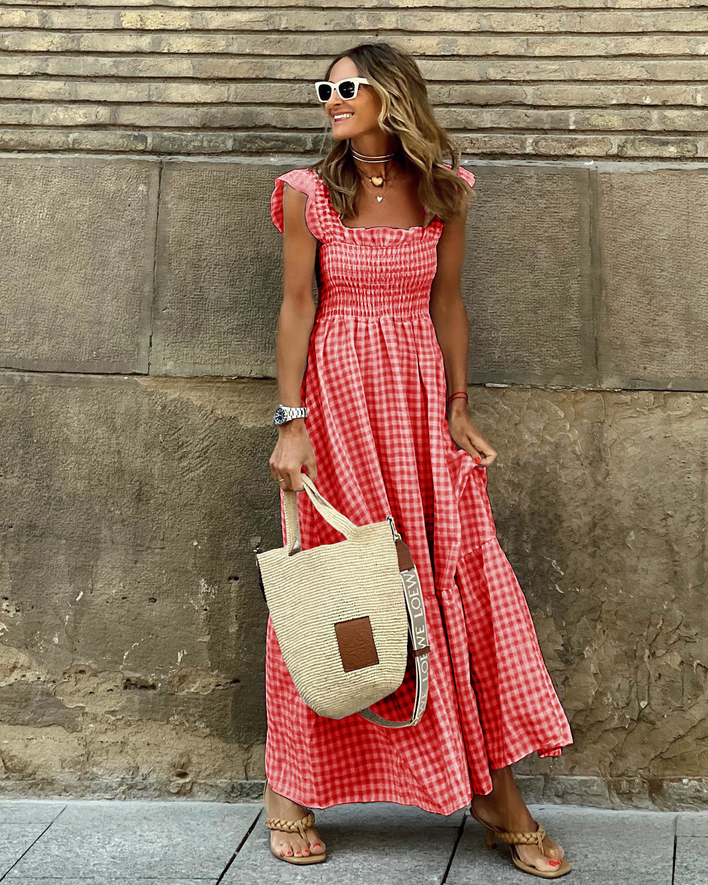 Women's Summer Plaid Print Sleeveless Maxi Dress