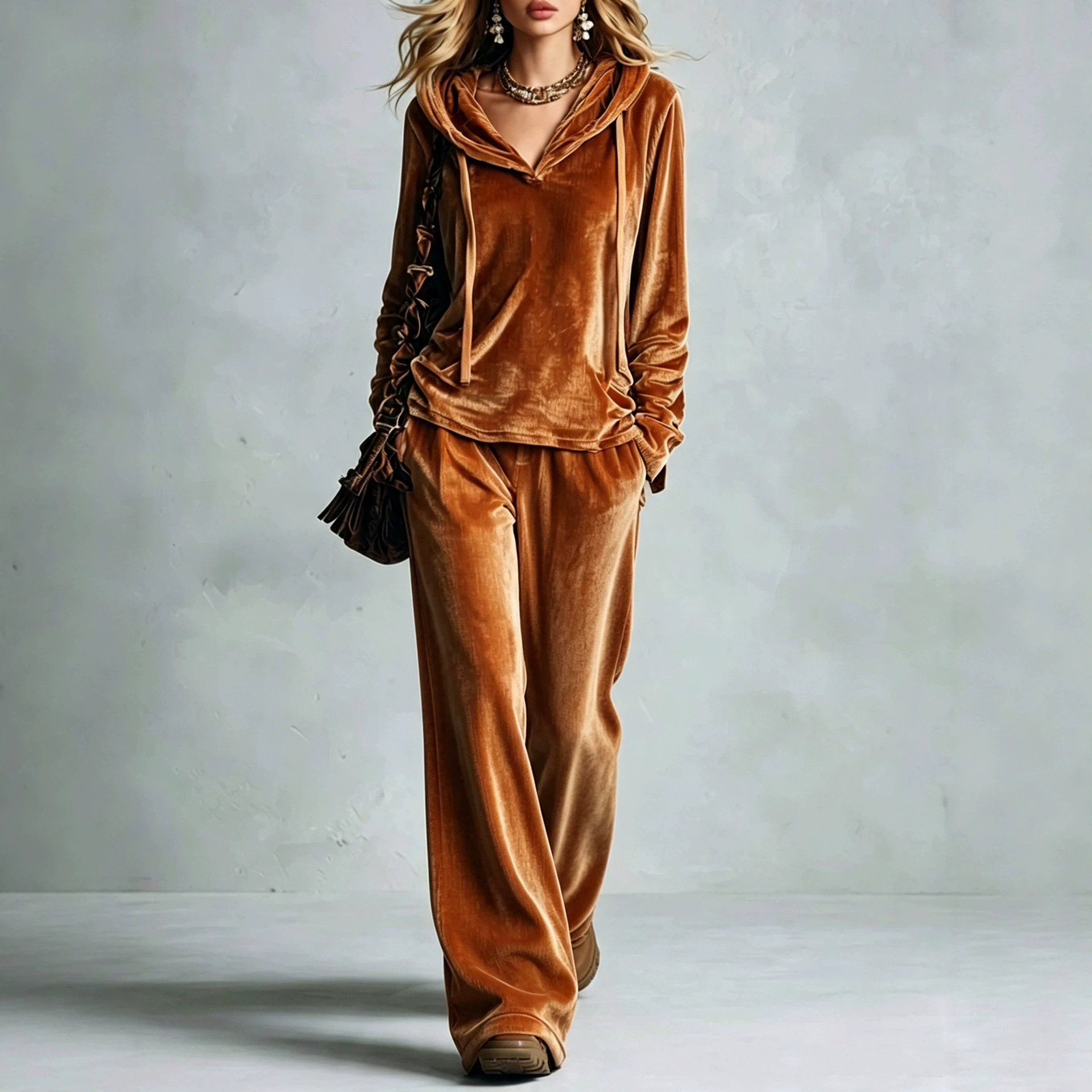 Women's Solid Korean Velvet Hoodie & Wide-Leg Pants Set