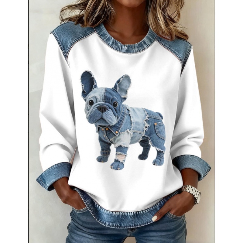 3D Print Colorblock Denim Collar Pullover Sweatshirt Women's Long Sleeve Loose Fit