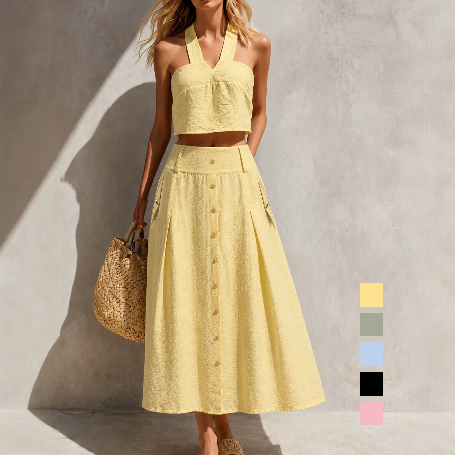 Women's Solid Color Cami Top and Midi Skirt 2-Piece Set