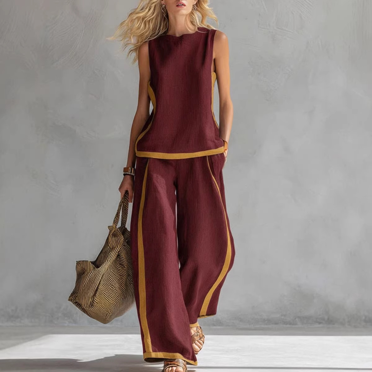 Women's Sleeveless Color-Block Wide-Leg Pant Set Casual Two-Piece