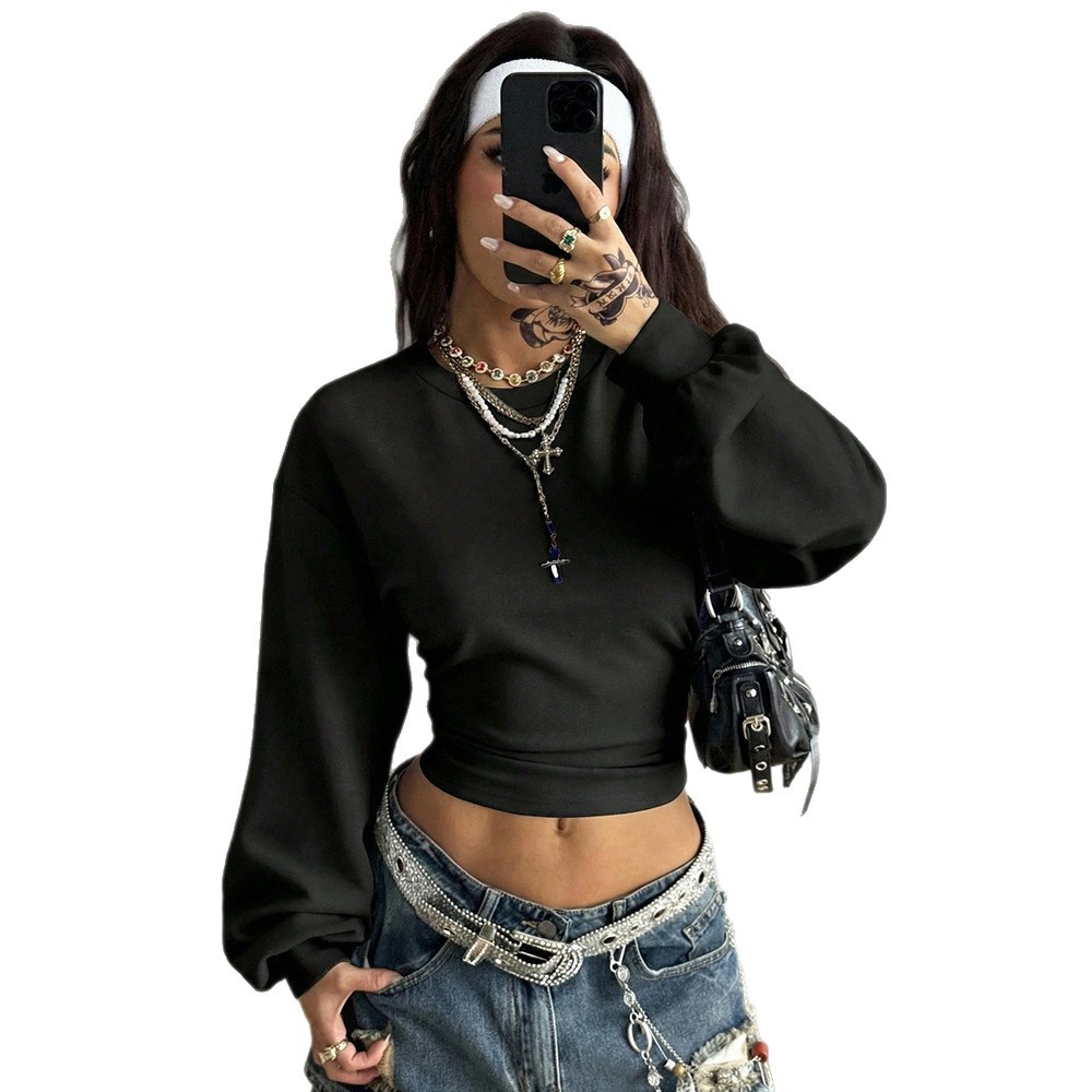 Women's Cropped Slim Fit Y2K Crewneck Solid Color Sweatshirt