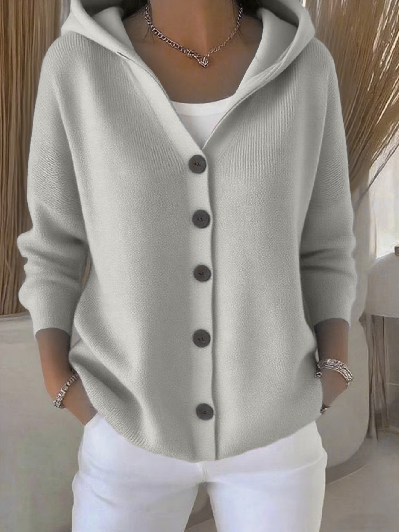 Hooded Knit Cardigan Women Solid Color Casual Sweater Coat