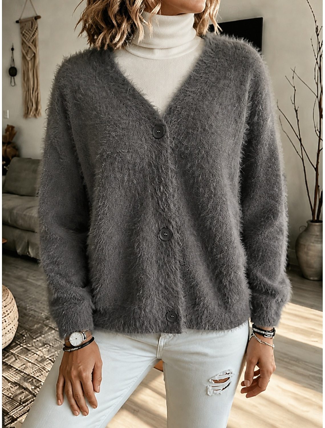 Faux Mink Knit Cardigan V-Neck Loose Long Sleeve Sweater Coat
