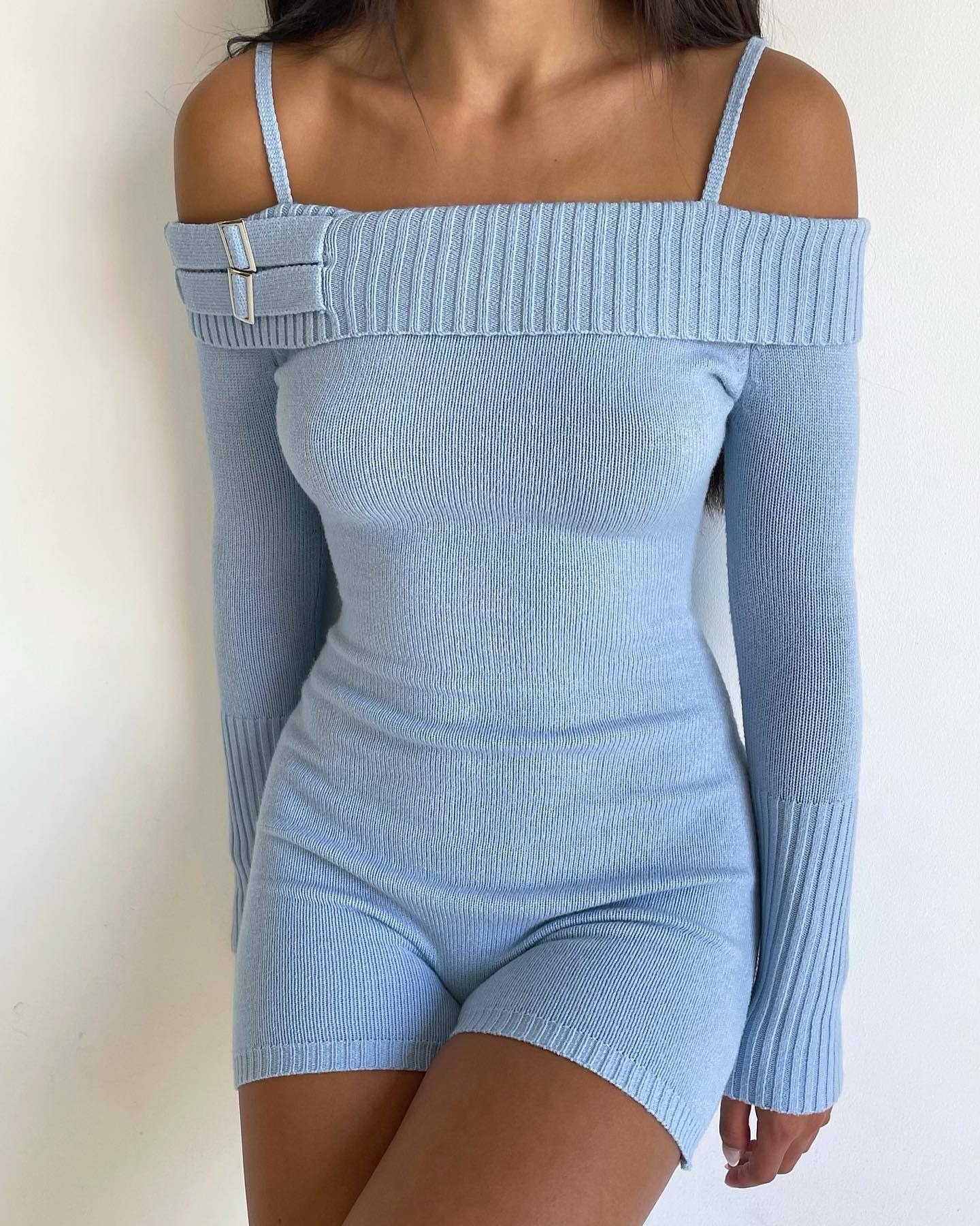 Off-Shoulder Cami Slim Fit High Waist Knit Jumpsuit