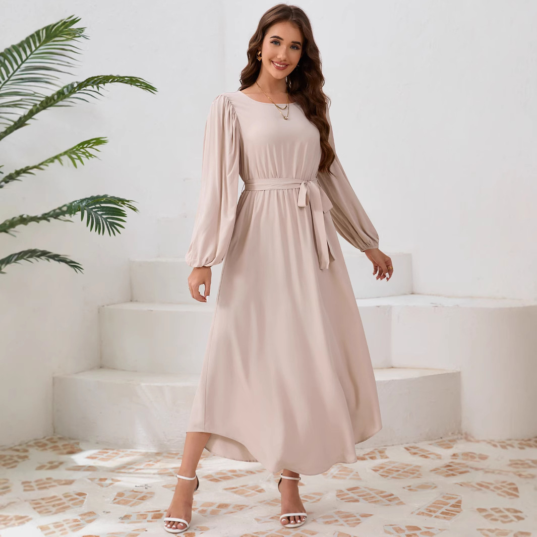 Women's Lantern Sleeve Midi Dress with Tie Belt