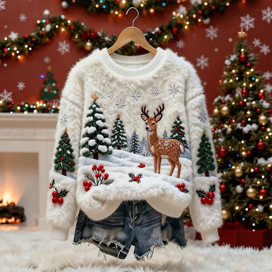 Christmas Reindeer Print Long-Sleeve Pullover Fleece Sweatshirt