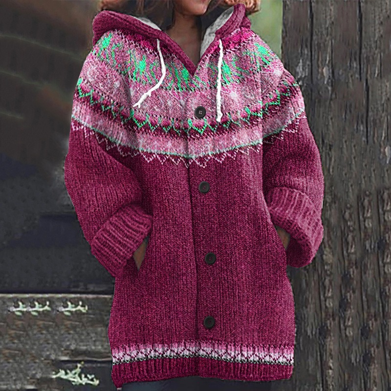 Women's Floral Leaf Print Hooded Button Cardigan Sweater
