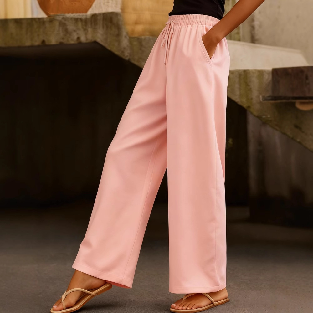 Women's Cotton-Linen Wide-Leg Pants with Drawstring Elastic Waist and Side Pockets
