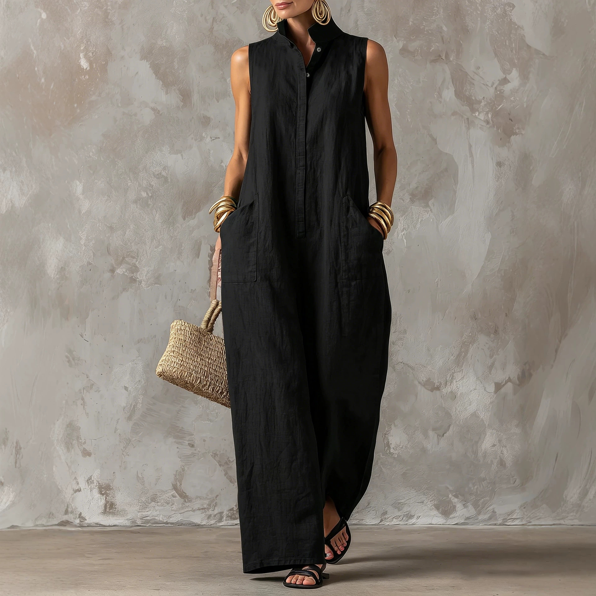 Women's Sleeveless Linen-Blend Jumpsuit with Stand Collar and Button Front Wide-Leg Pants