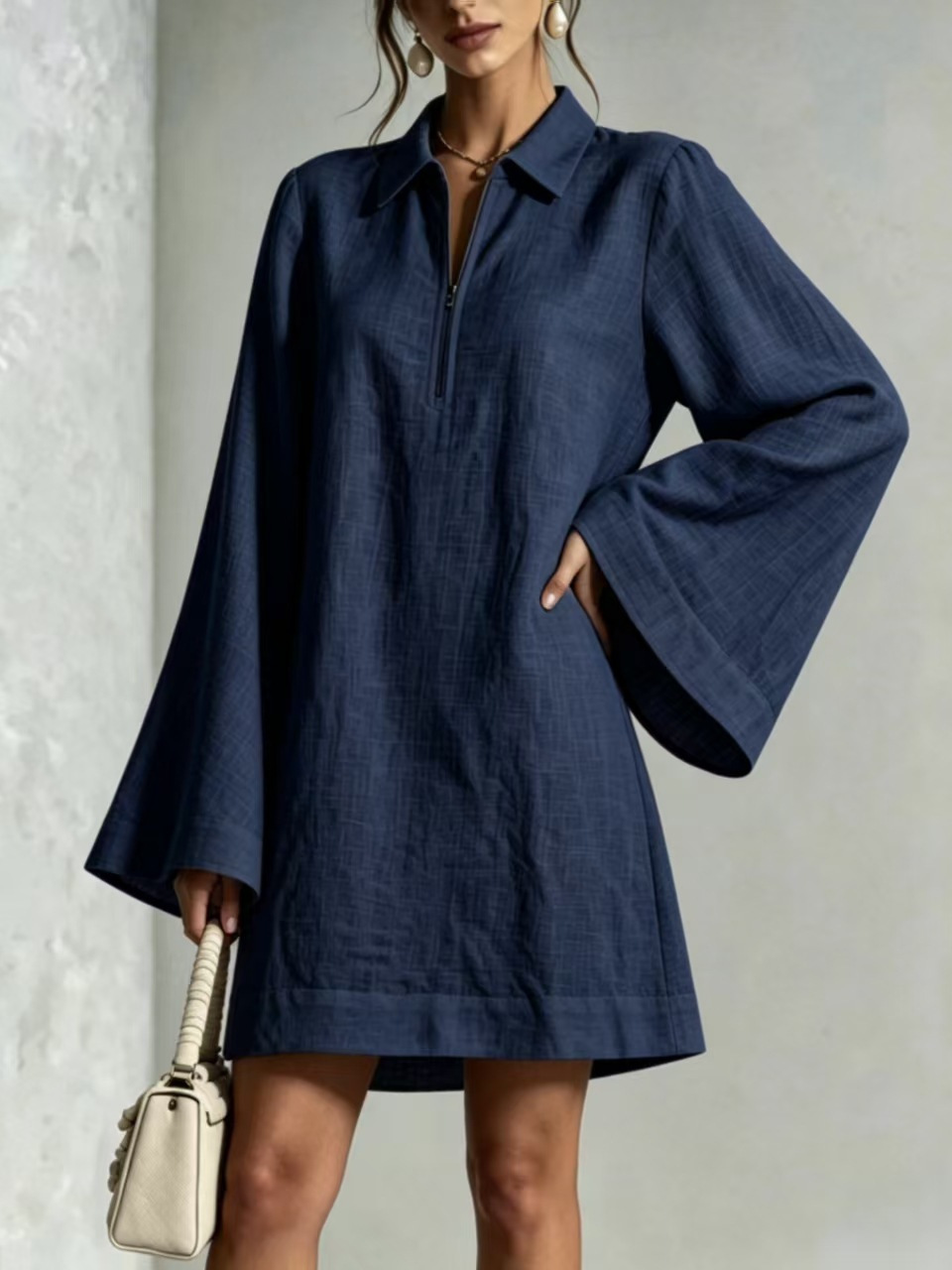 Solid Color Half-Zip Collared Loose Long-Sleeve Casual Dress