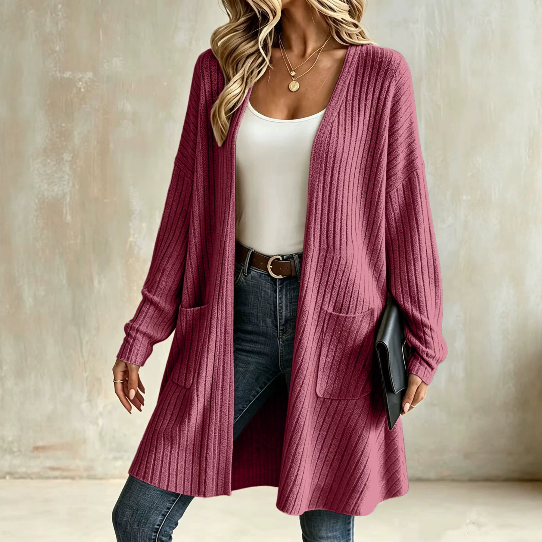 Ribbed Knit Cardigan Solid Color Casual Outerwear