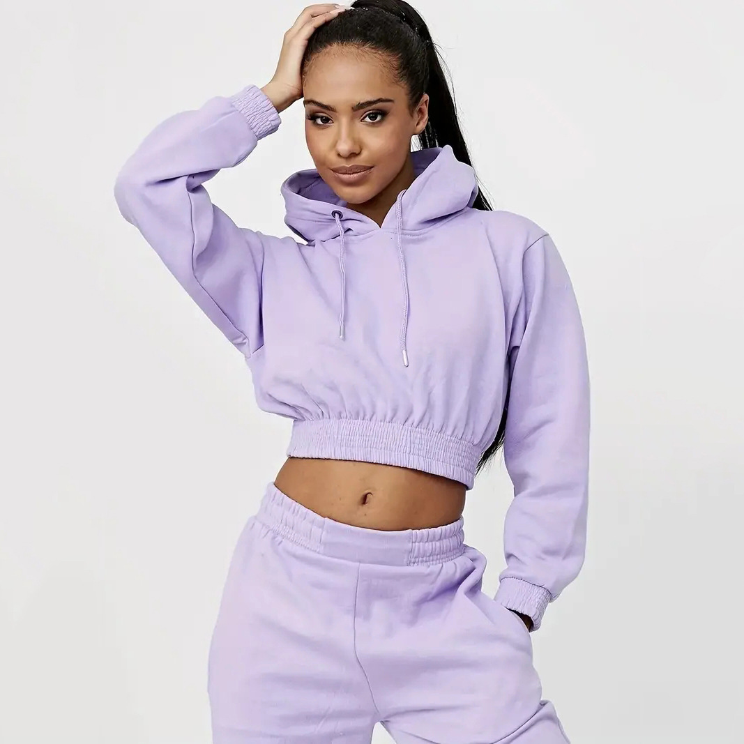 Women's Fleece-Lined Hooded Sweatshirt & Pants Set with Drawstring