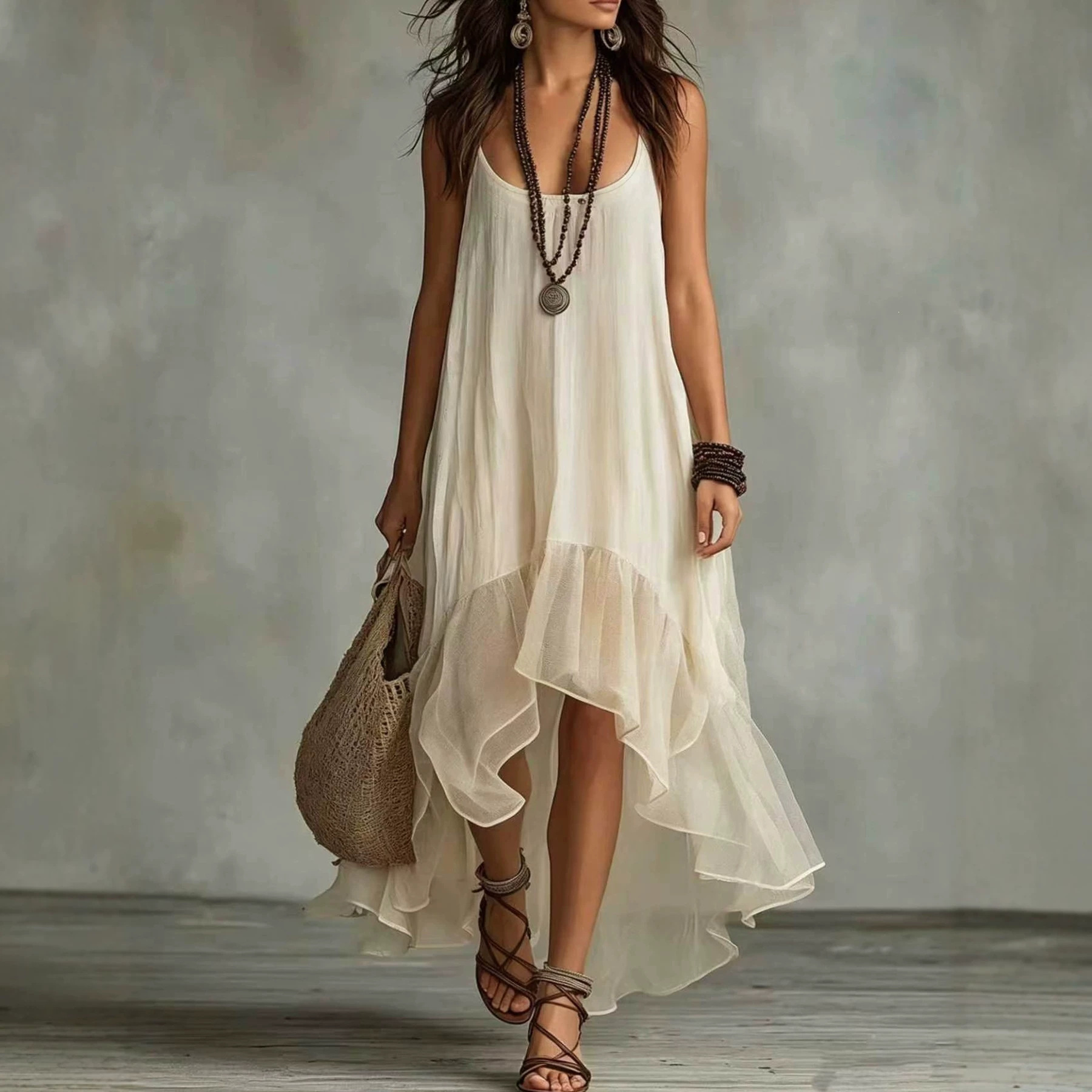 Women's Solid Color Sleeveless Asymmetrical Dress Ivory White