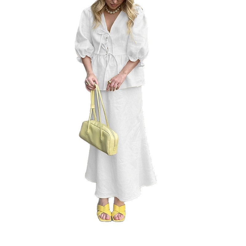 Elegant Tie-Front Solid Color Shirt and Long Skirt Two-Piece Set