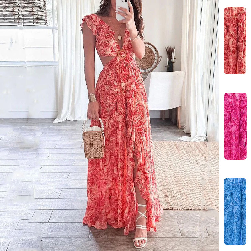 Women's Cutout Waist A-Line Dress Sleeveless V-Neck High Waist Floral Print
