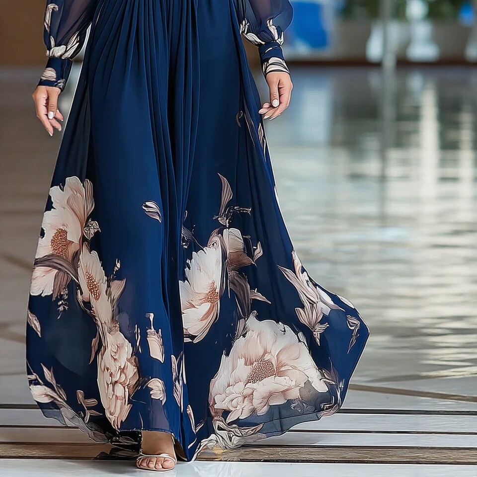 Deep V-Neck Floral Print Long Sleeve A-Line Maxi Dress